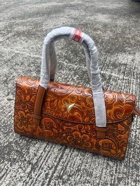 Embossed Floral Leather Satchel in Cognac